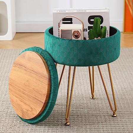 Cpintltr Velvet Storage Ottoman Round Footrest Stool Multifunctional Upholstered Ottoman Modern Accent Vanity Stools Tray Top Coffee Table