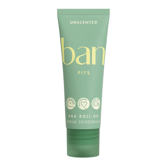 Ban Aluminum Free, Baking Soda Free, AHA With Prebiotics, Roll-On Deodorant, Unscented, 2.3 Oz
