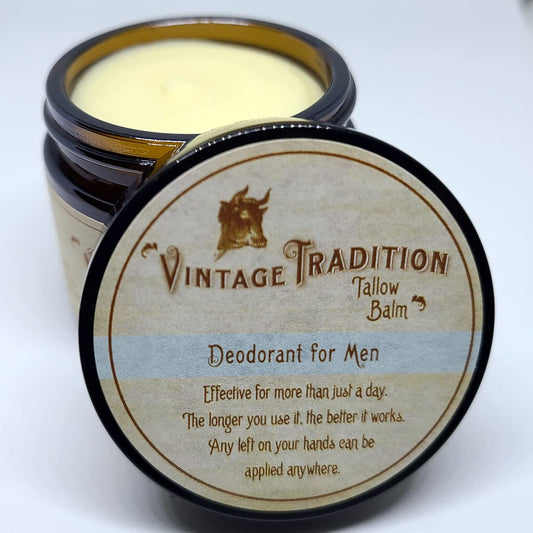IMPROVED – Beef Tallow Mens Natural Deodorant – 2 Fl. Oz. Travel Size Deodorant with Olive Oil, Fir Tree and Thyme Essential Oil Blend – Aluminum- and Chemical-Free Underarm Balm by Vintage Tradition