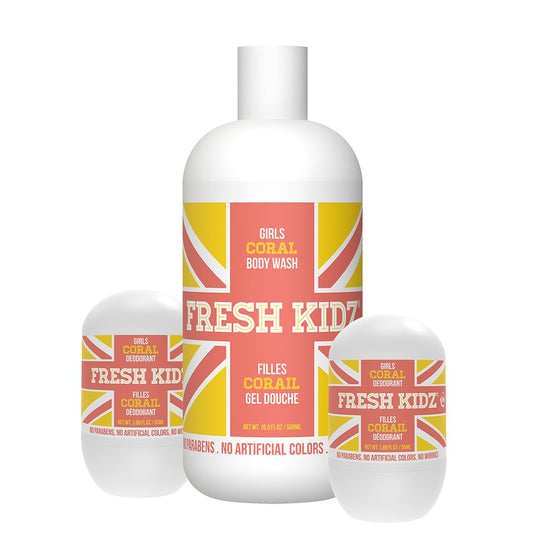 Fresh Kidz Body Wash 16.9 fl.oz. and 2 Roll-On Deodorants 1.86 fl.oz. for Kids and Teens - Girls Coral Set