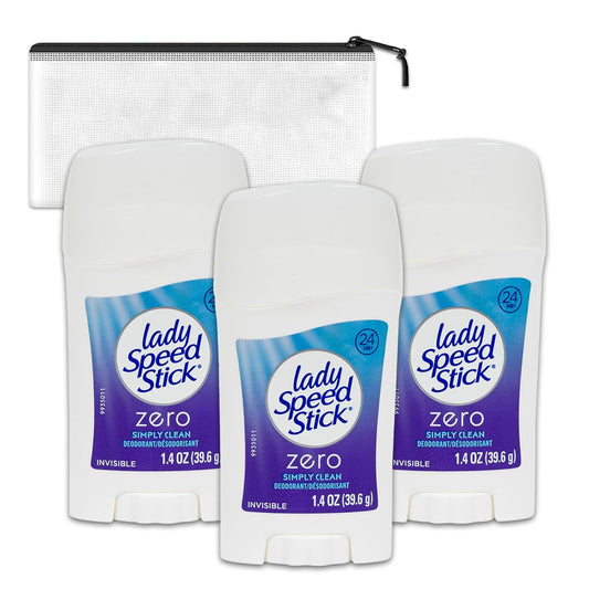Lady Speed Stick Zero Simply Clean Deodorant for Women Travel Pack - 3 Pack Zero Simply Clean Deodorant Travel Size 1.4 Oz Bundle with Bag | Travel Size Deodorant for Women