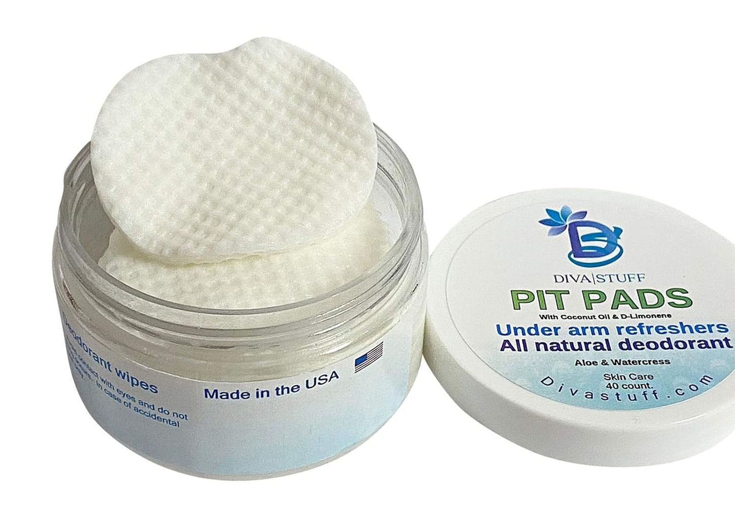 Pit Pads, Under Arm Refreshers, All Natural Deodorant, Aluminum Free, Watercress and Aloe Scent, 40 Pads, By Diva Stuff