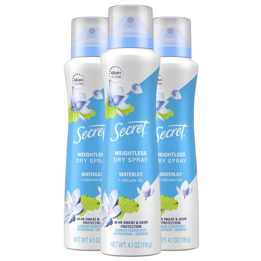 Secret Dry Spray Antiperspirant Women's Deodorant, Waterlily and Argan Oil, 48Hr Odor Protection, 4.1oz (Pack of 3)