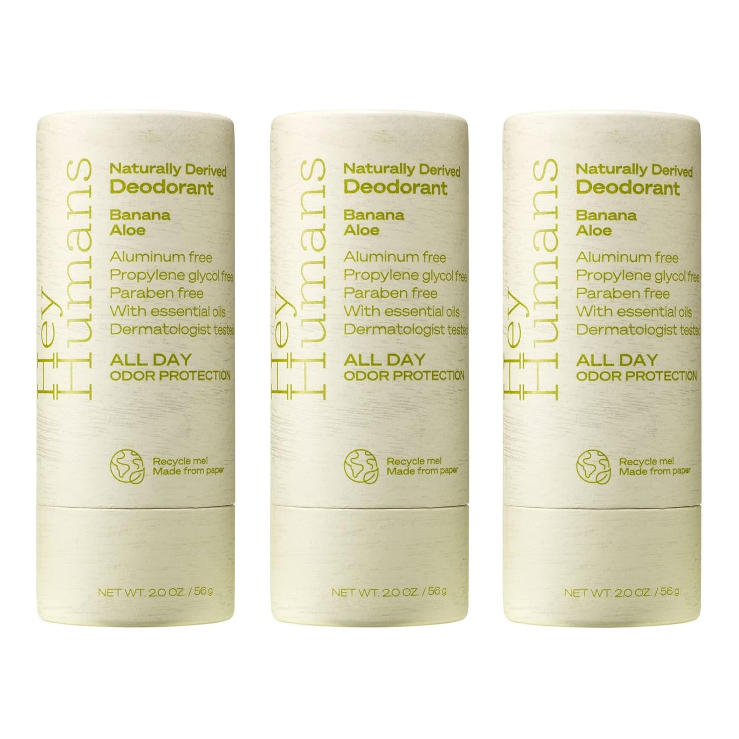Hey Humans Banana Aloe Vegan, Aluminum Free Deodorant with Natural Ingredients, Coconut Oil & Shea Butter | All Day Odor Protection for Women & Men | 2 oz. - Pack of 3
