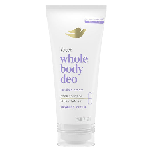 Dove Whole Body Deo Aluminum Free Invisible Cream Deodorant Coconut & Vanilla for All Day Odor Control, 2.5 oz