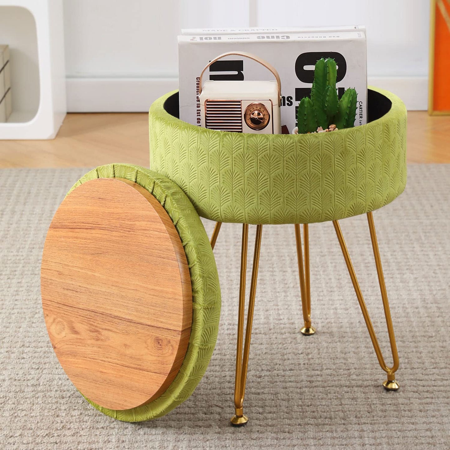 Cpintltr Velvet Storage Ottoman Round Footrest Stool Multifunctional Upholstered Ottoman Modern Accent Vanity Stools Tray Top Coffee Table