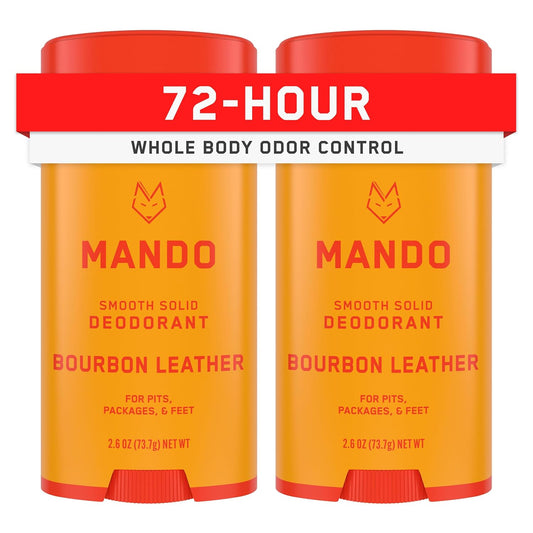 Mando Whole Body Deodorant For Men - Smooth Solid Stick - 72 Hour Odor Control - Aluminum Free, Baking Soda Free, Skin Safe - 2.6 Ounce (Pack of 2) - Bourbon Leather