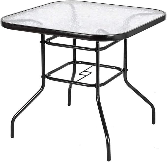 Round Patio Table with Umbrella Hole, 32" Outdoor Dining Table Steel Tempered Glass Patio Table