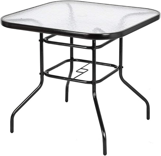 Round Patio Table with Umbrella Hole, 32" Outdoor Dining Table Steel Tempered Glass Patio Table